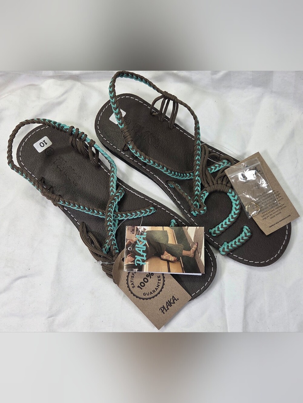 NEW Plaka Palm Leaf  Flat Rope Sandals Womens 10 Turquoise Gray Brown Braided - Picture 5 of 9